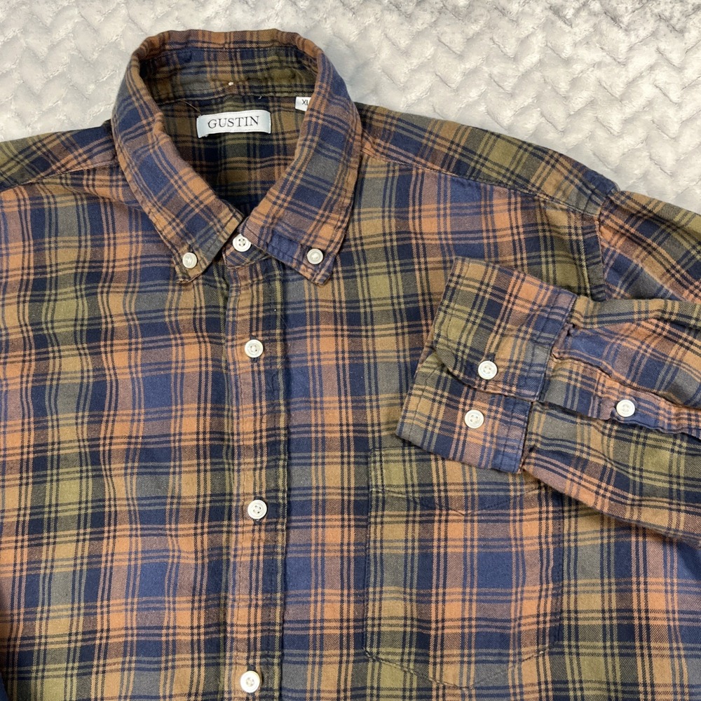 Gustin Flannel Shirt Mens XL Plaid Green Blue Long Slv Button Down 100% Cotton